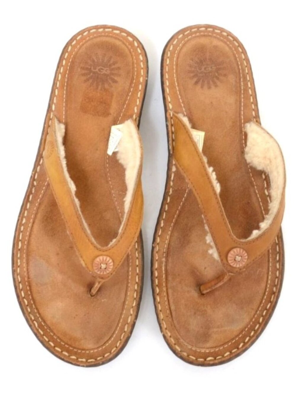 UGG Womens 10 Shearling Fur Leather Flip Flop Thong Slip-On Sandal Wedge